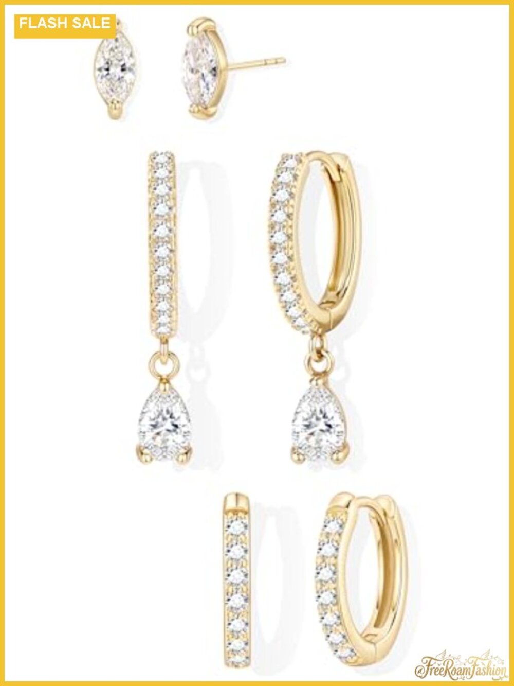 3 Pair Gold Plated Huggie Hoop & Stud Earring Set for Women Hypoallergenic